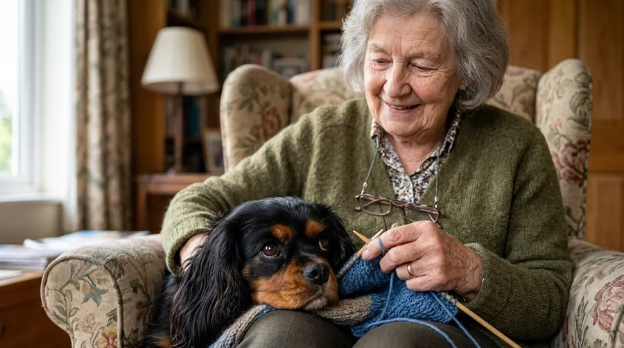 Grandmother knitting with dog