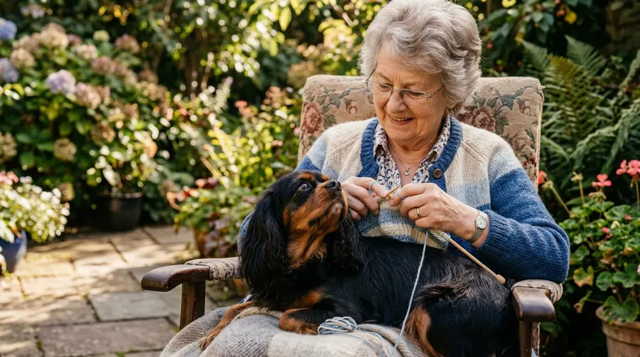 Grandmother knitting with dog