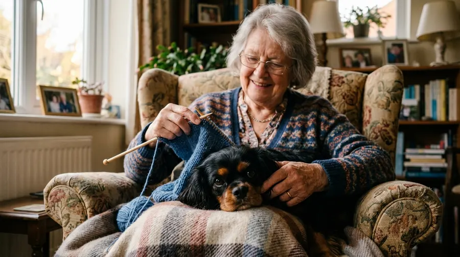 Grandmother knitting with dog