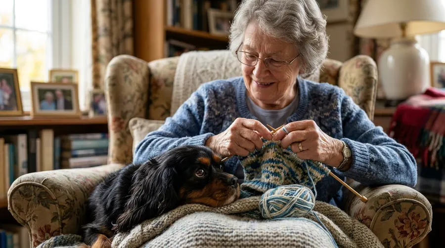 Grandmother knitting with dog
