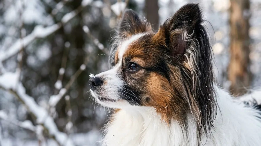 Papillon catching snowflake in | Anxiety Vests & Surgical Bodysuits Papillon catching snowflake in
