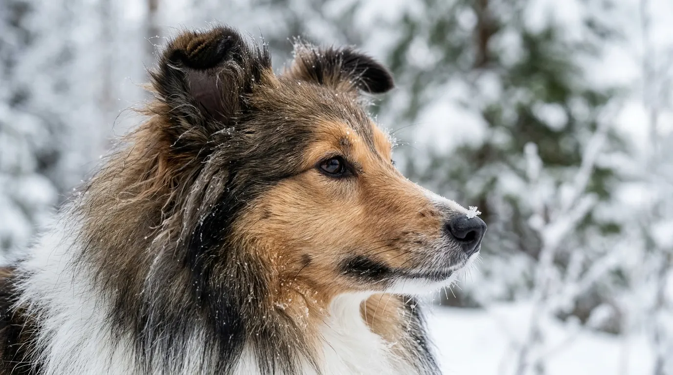 Shetland Sheepdog in winter air — Anxiety Vests & Surgical Bodysuits