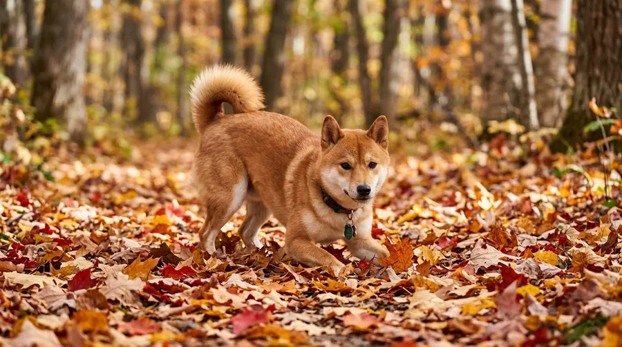 Shiba Inu playing in leaves
