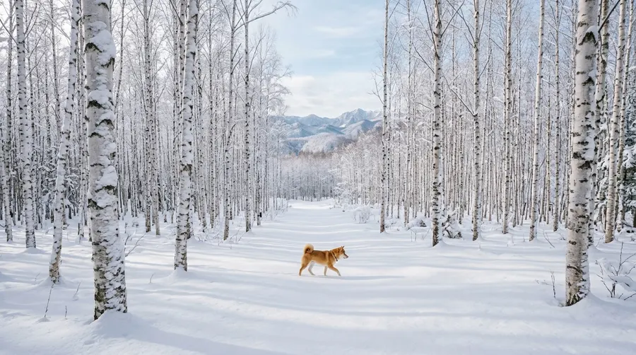 Shiba Inu walking in snow
