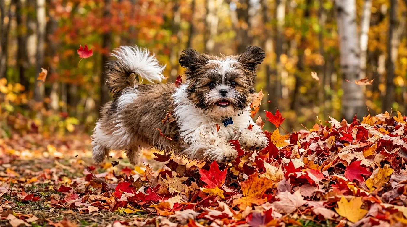 Shih Tzu puppy pouncing leaves — Anxiety Vests & Surgical Bodysuits