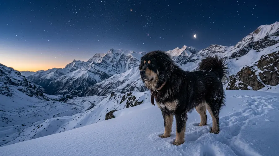 Tibetan Mastiff standing in snow