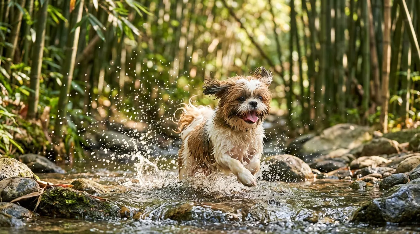 Shih Tzu splashing in stream — Automatic Feeders & Water Fountains