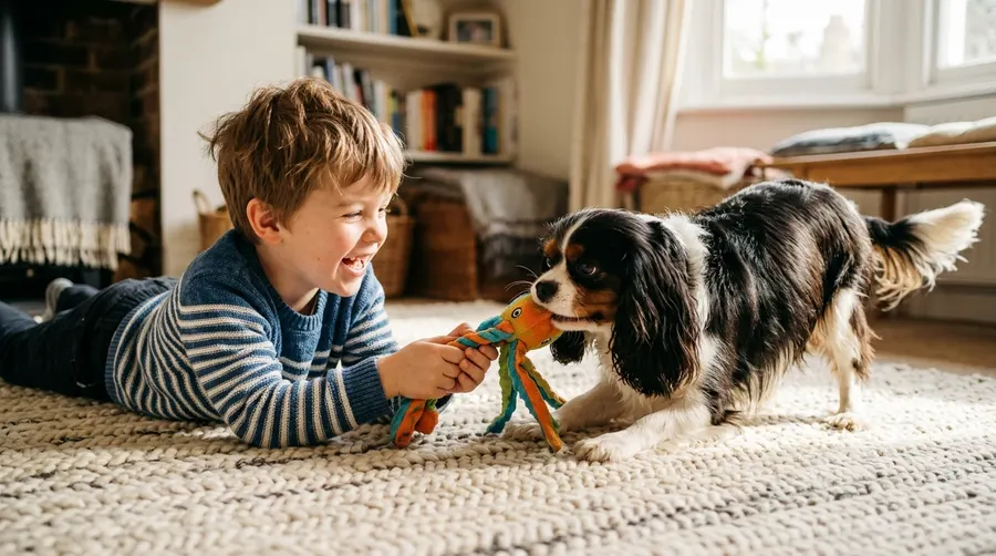 Boy playing with dog