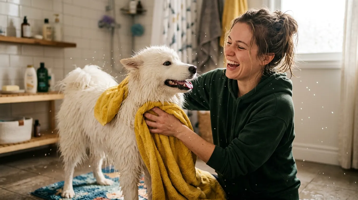 Person drying fluffy dog — Bathing & Skin Care