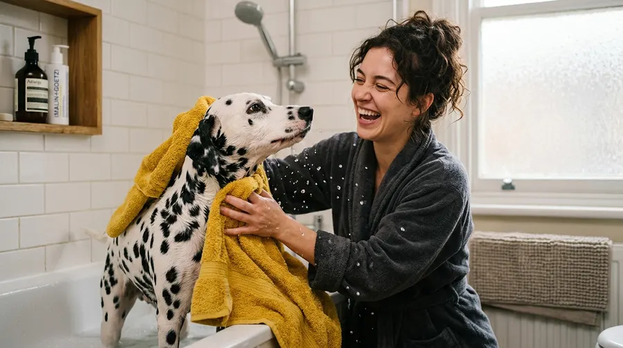Person drying wet dog with
