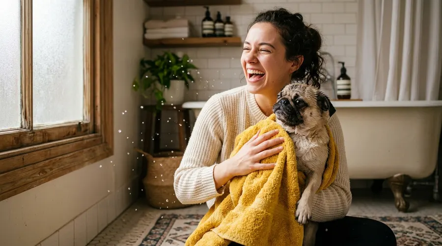 Person drying wet pug with