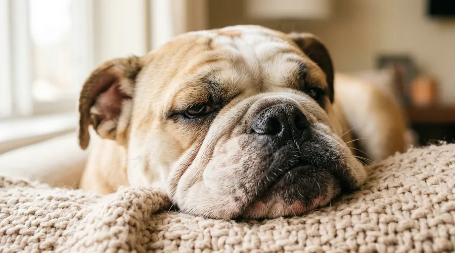 Bulldog resting on blanket | Beds & Furniture Bulldog resting on blanket
