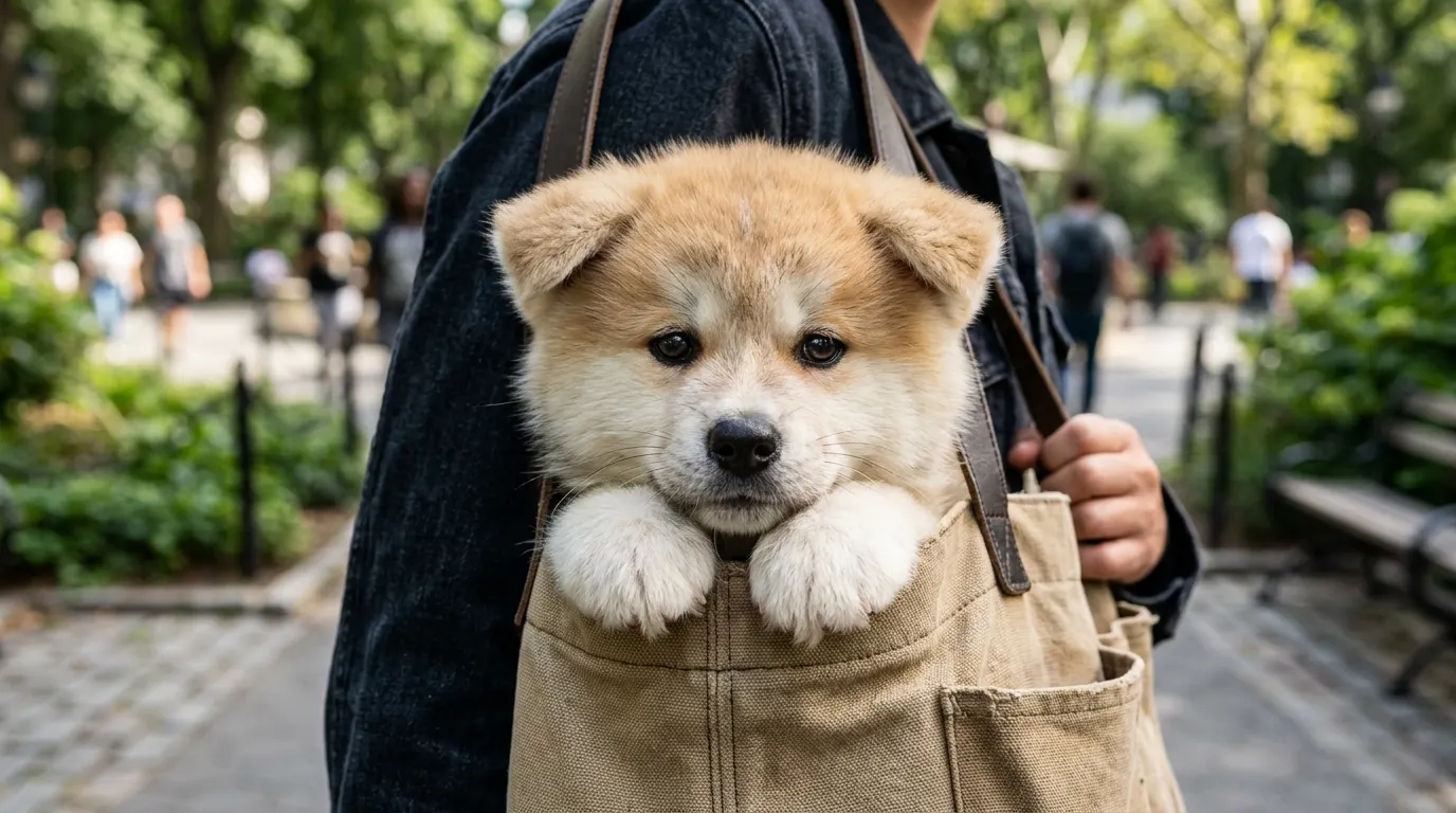 Akita puppy in tote bag | best airline approved dog carriers Akita puppy in tote bag — best airline approved dog carriers