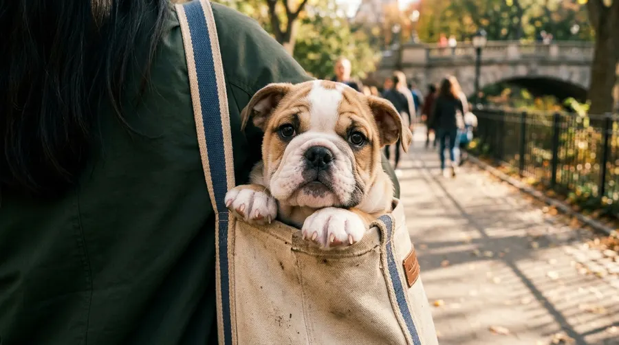 Bulldog puppy in tote bag | best airline approved dog carriers Bulldog puppy in tote bag