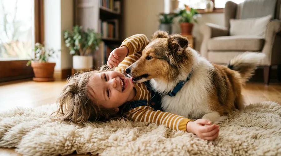 Dog licking child's cheek
