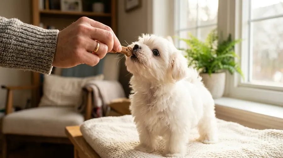 Puppy eating treat from hand
