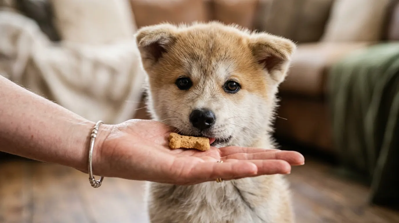 Puppy eating treat from hand — best automatic dog feeders
