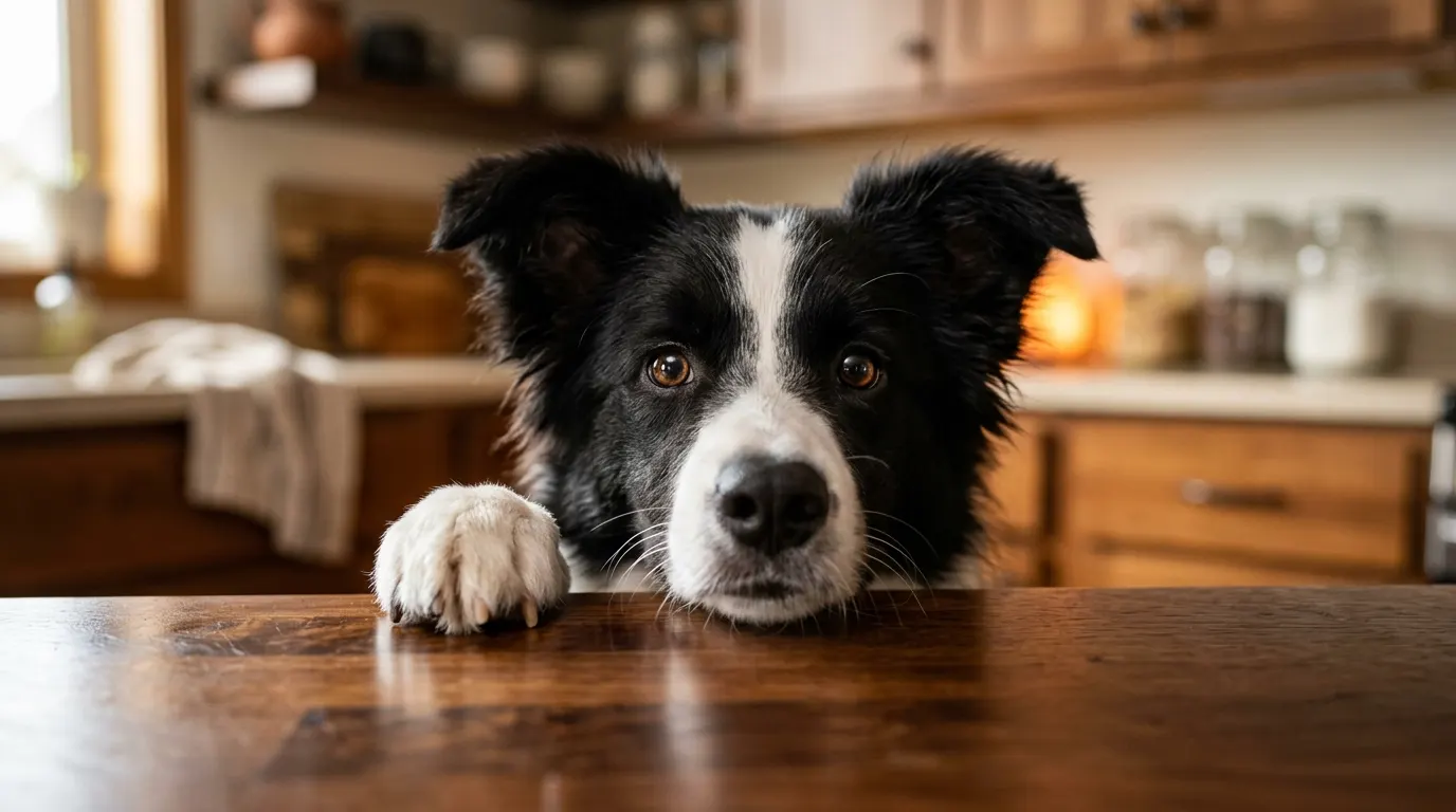 Border Collie peeking over tabletop — best calming chews for dogs