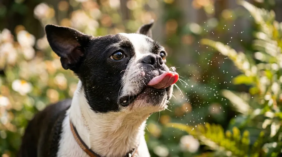 Boston Terrier catching water drop