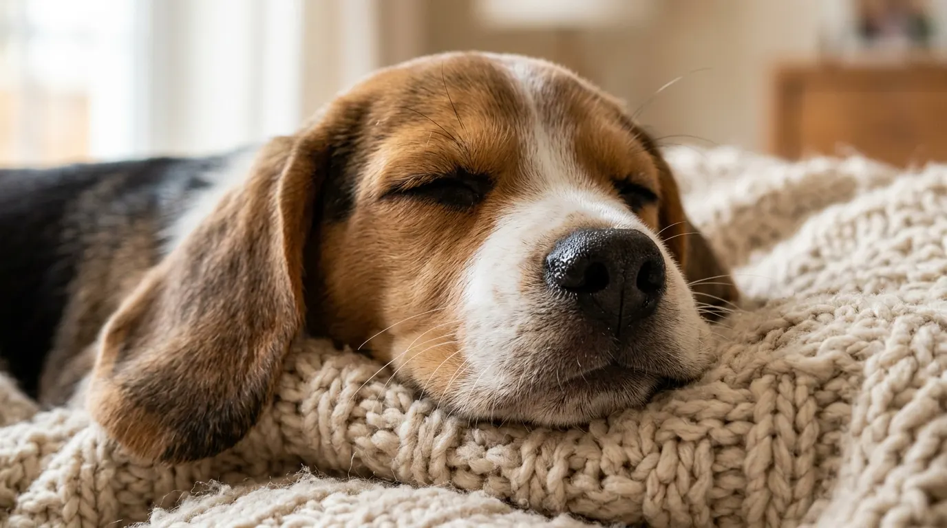 Beagle resting on blanket | best chew proof dog beds Beagle resting on blanket — best chew proof dog beds