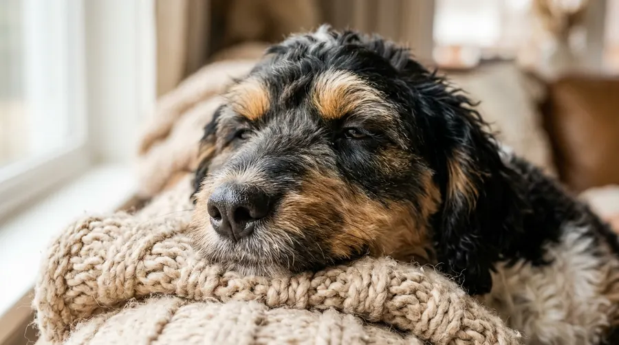 Bernedoodle resting on blanket | best chew proof dog beds Bernedoodle resting on blanket