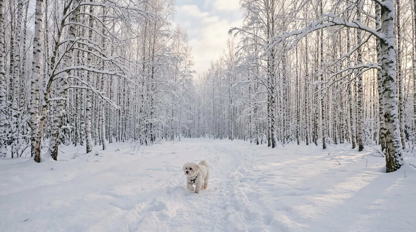Maltese walking through snow forest — best dog boots