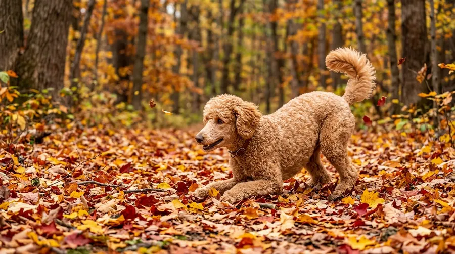 Poodle crouching on autumn leaves