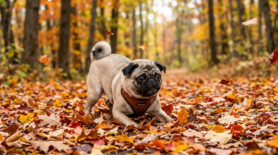 Pug crouching on autumn leaves