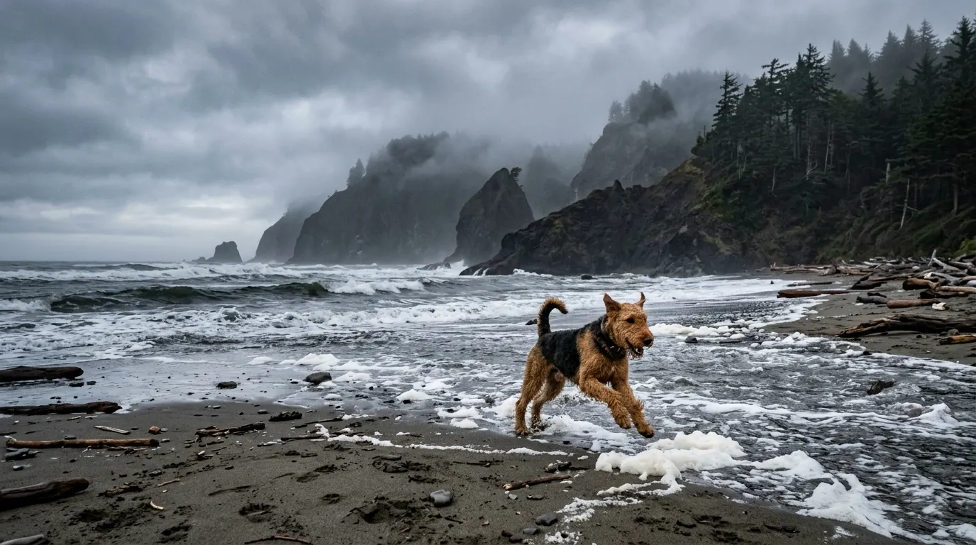 Airedale Terrier chasing sea foam — best dog bowls