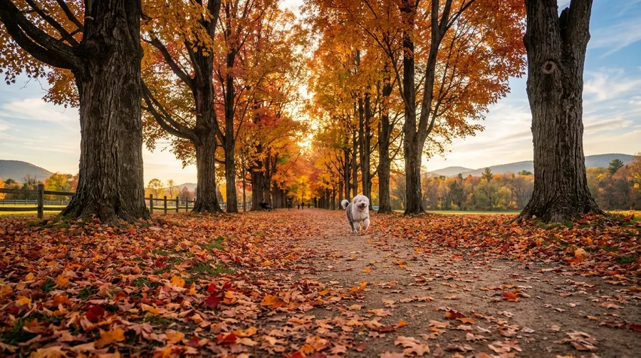 Dog running through autumn park