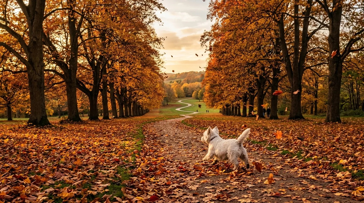 Dog running through autumn park — best dog calming aids and pheromone diffusers