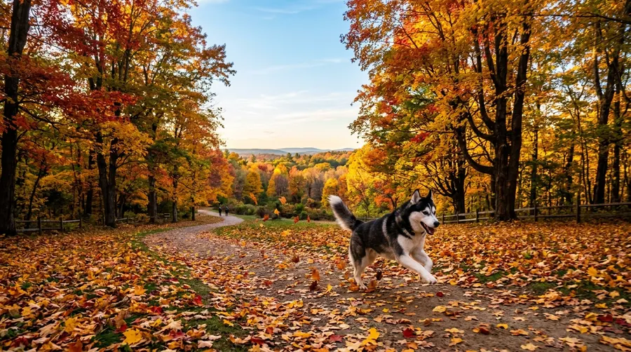 Husky running through autumn park