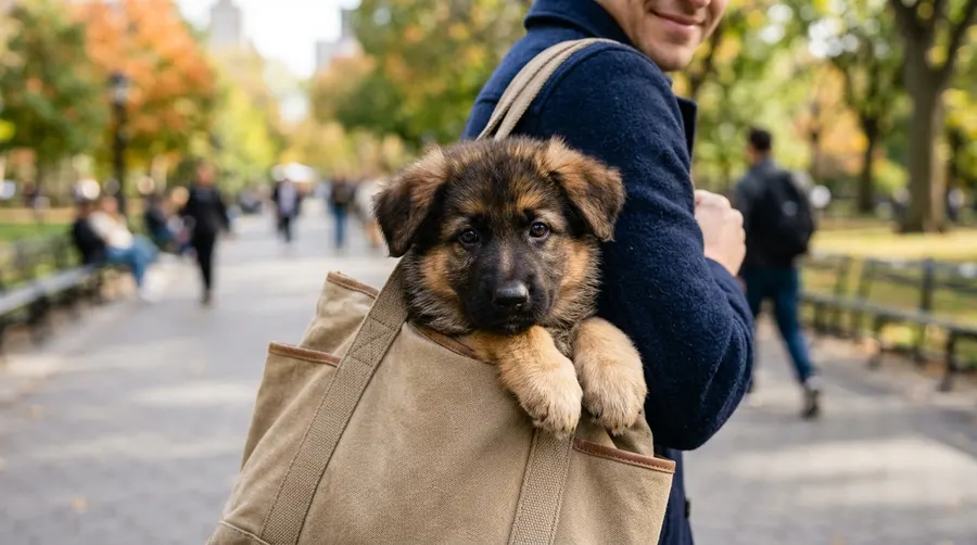 Puppy peeking from tote bag