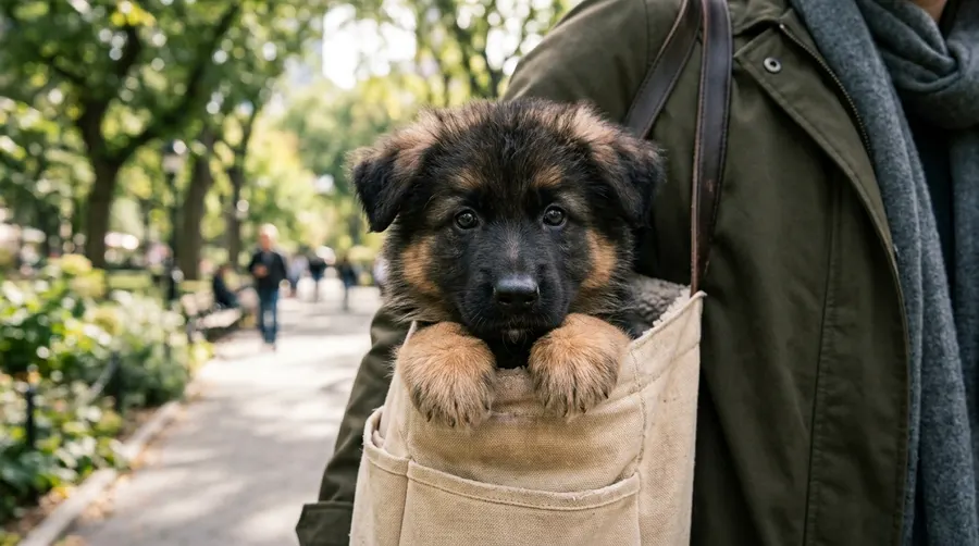 Puppy peeking from tote bag