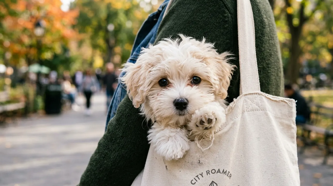 Puppy peeking from tote bag — best dog car harness