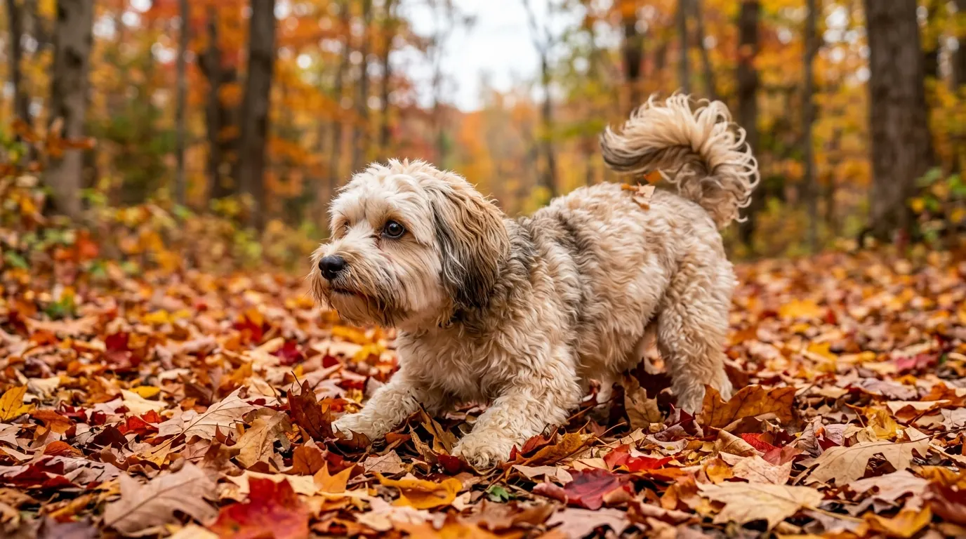 Havanese crouching on autumn leaves — best dog cooling vest