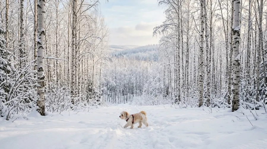Havanese walking in snow forest