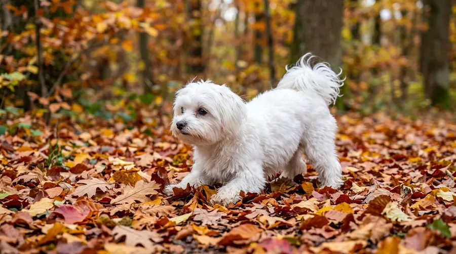 Maltese crouching on autumn leaves