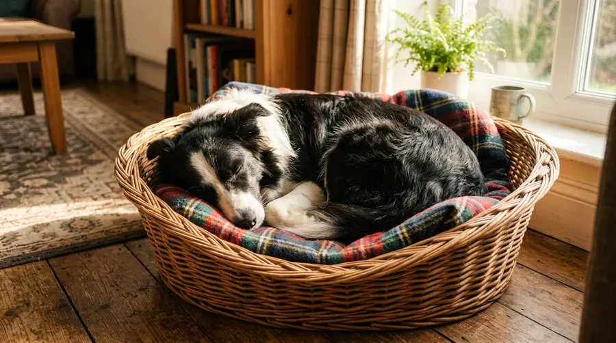 Border Collie sleeping in basket
