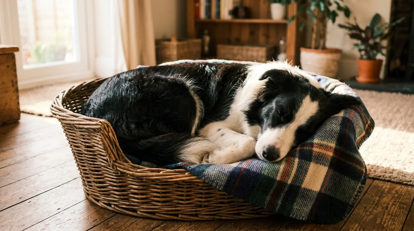 Border Collie sleeping in basket — best dog crates