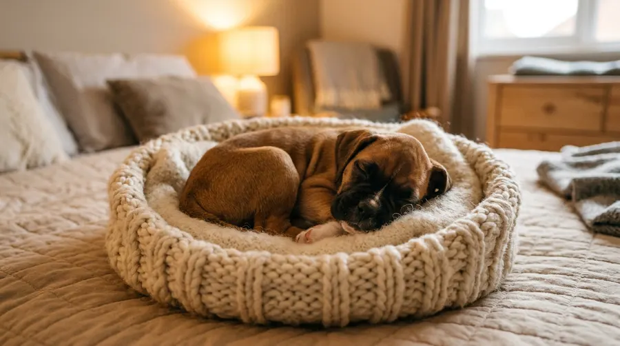 Boxer puppy sleeping in basket