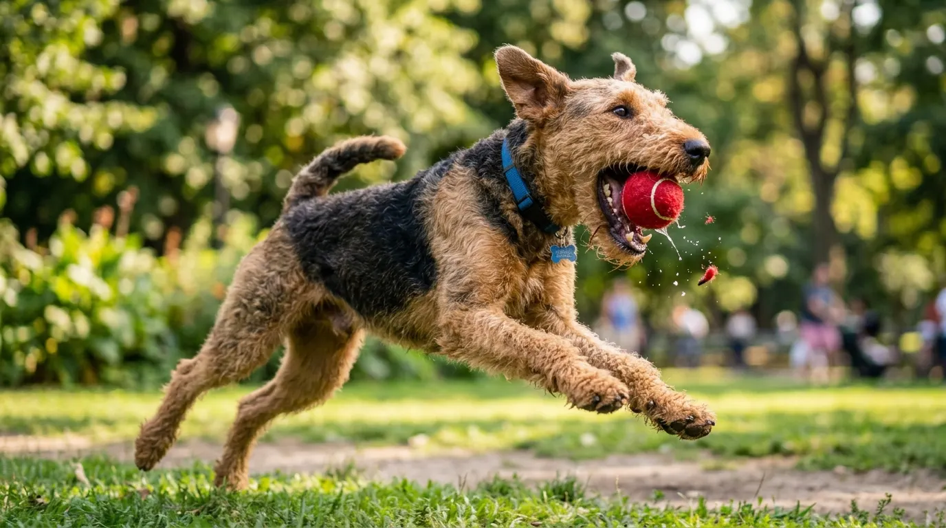 Airedale Terrier catching tennis — best dog dental chews
