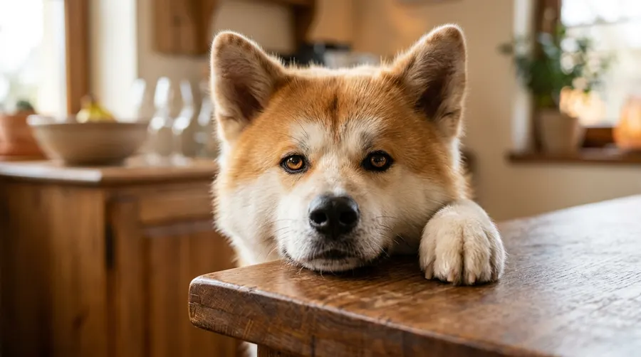 Akita peeking over tabletop