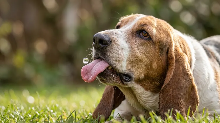 Basset Hound catching water drop