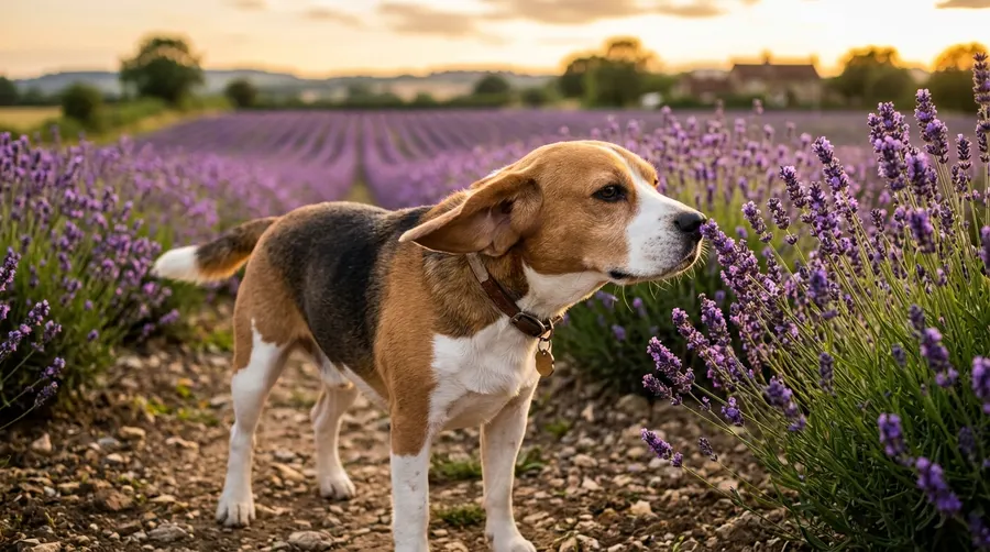 Beagle sniffing lavender flower