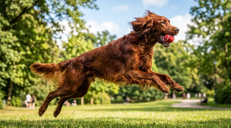 Irish Setter catching tennis ball