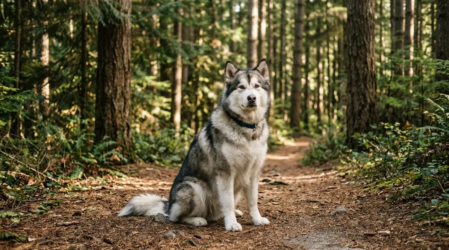 Alaskan Malamute sitting on path