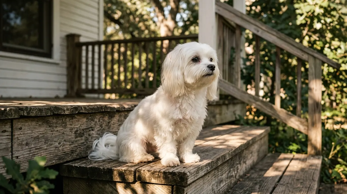 Maltese sitting on porch step — best dog gates