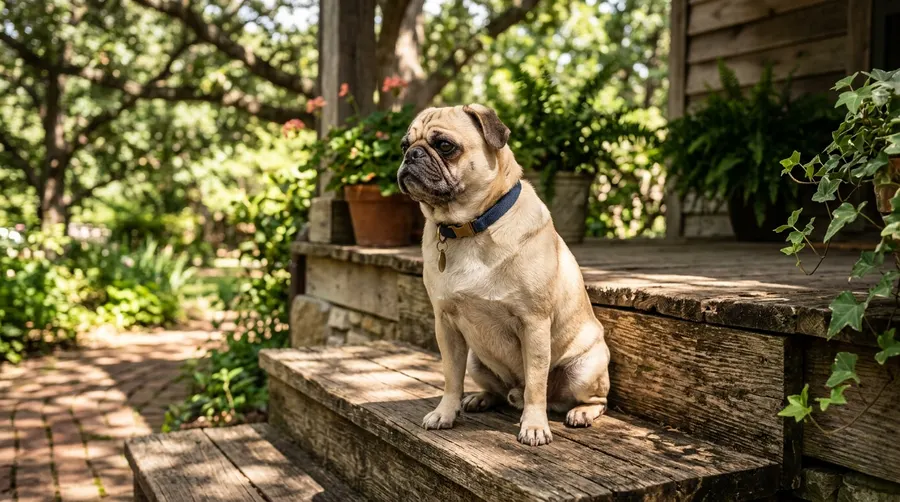 Pug sitting on porch step