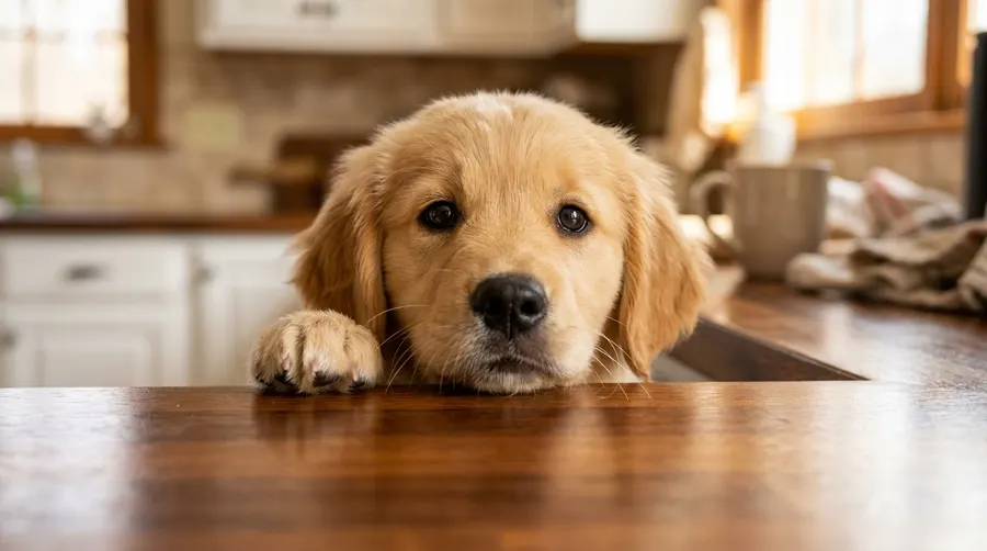 Puppy peeking over wooden tabletop